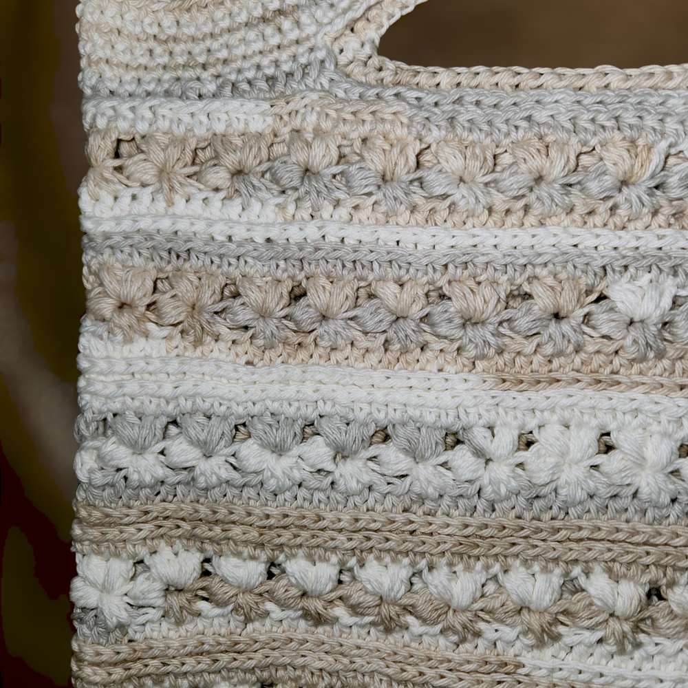 Handmade Shopping Tote Cream and Tan with Intricate Detailing - Picture 9 of 11